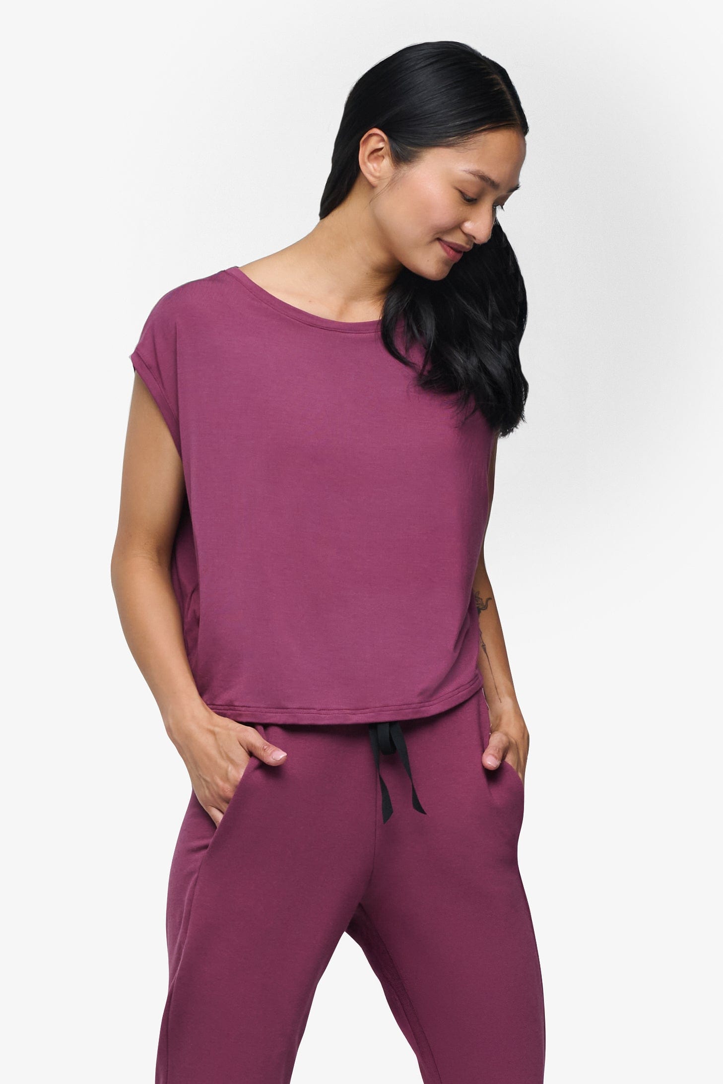 Box Tee - Woman boxy sleeveless tee in deep cool pink front | Daub & Design