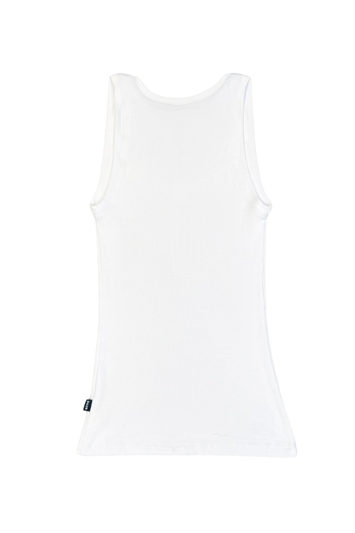 A basic white tank top. Ribbed bamboo cotton fabric. Back view