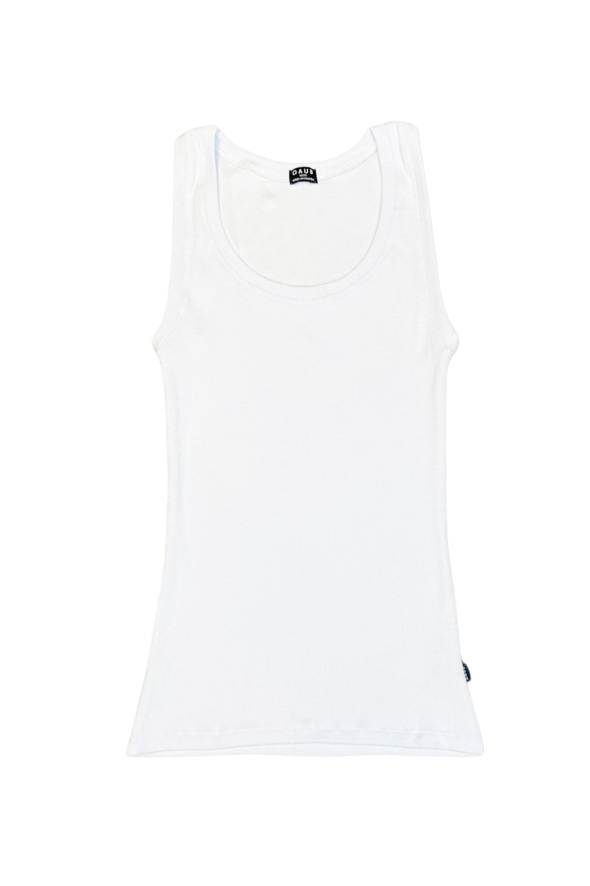 A basic white tank top. Ribbed bamboo cotton fabric. Front view