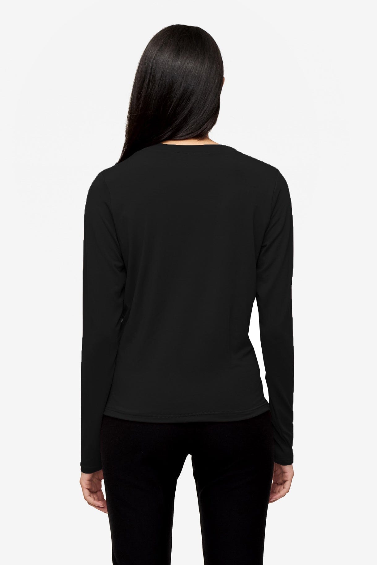 back of a Woman wearing a black long sleeve tee with a twist in the front