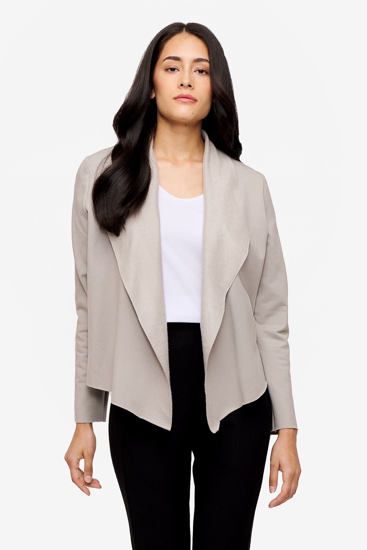 woman wearing a light grey jacket