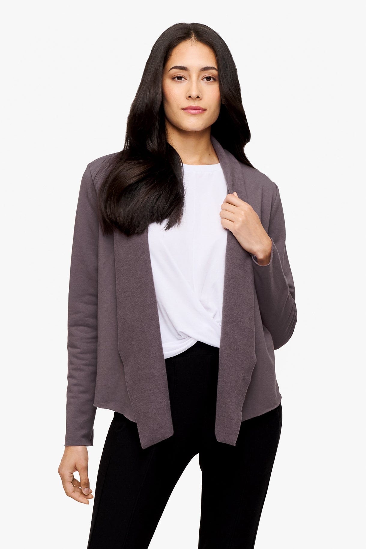 woman wearing a deep purple jacket