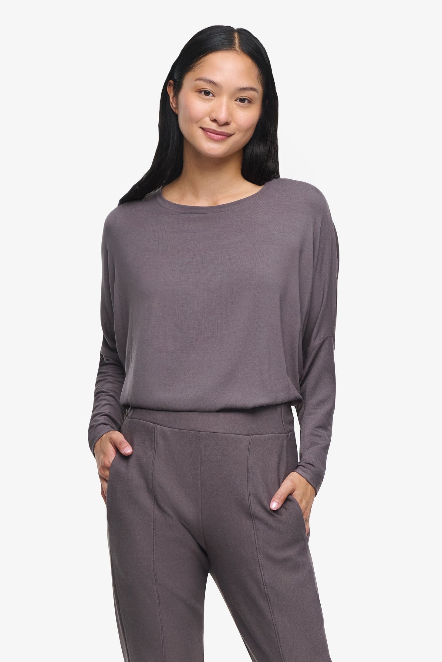 Dolman Longsleeve - Woman dolman sleeve long sleeve top in warm grey front | Daub & Design