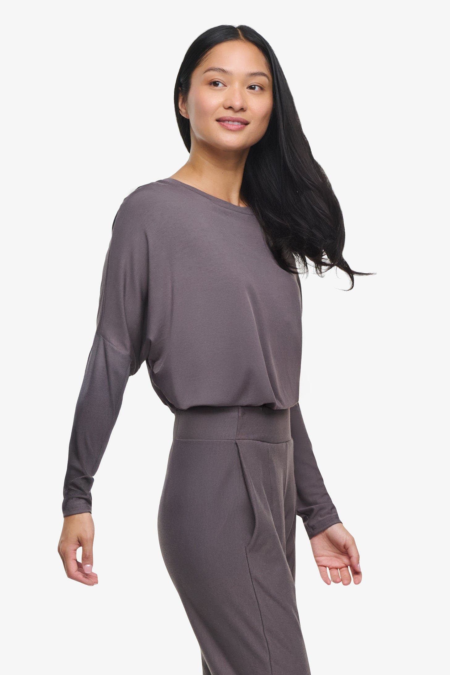 Dolman Longsleeve - Woman dolman sleeve long sleeve top in warm grey side | Daub & Design