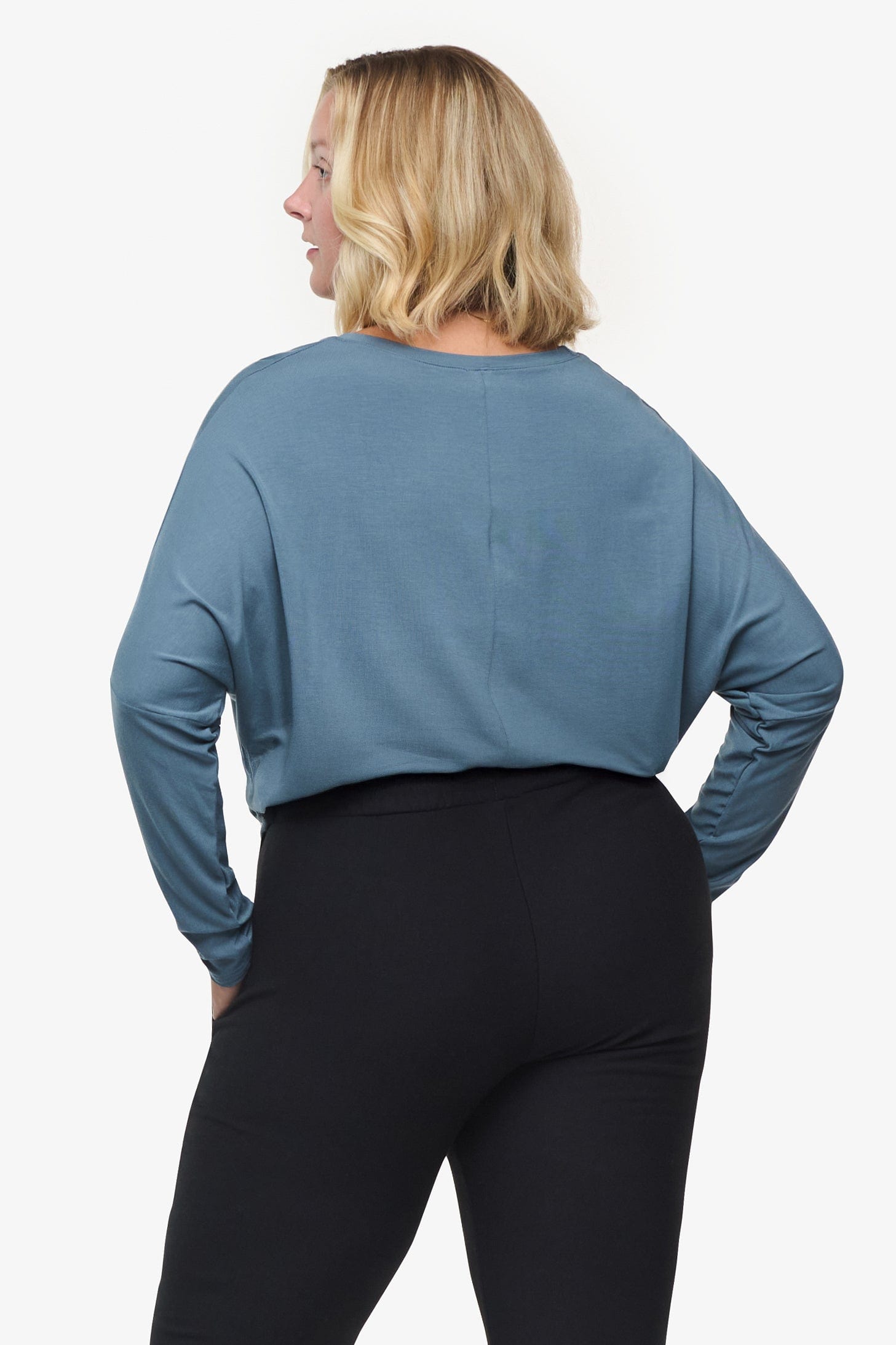 Dolman Longsleeve - Woman dolman sleeve long sleeve top in slate blue back | Daub & Design