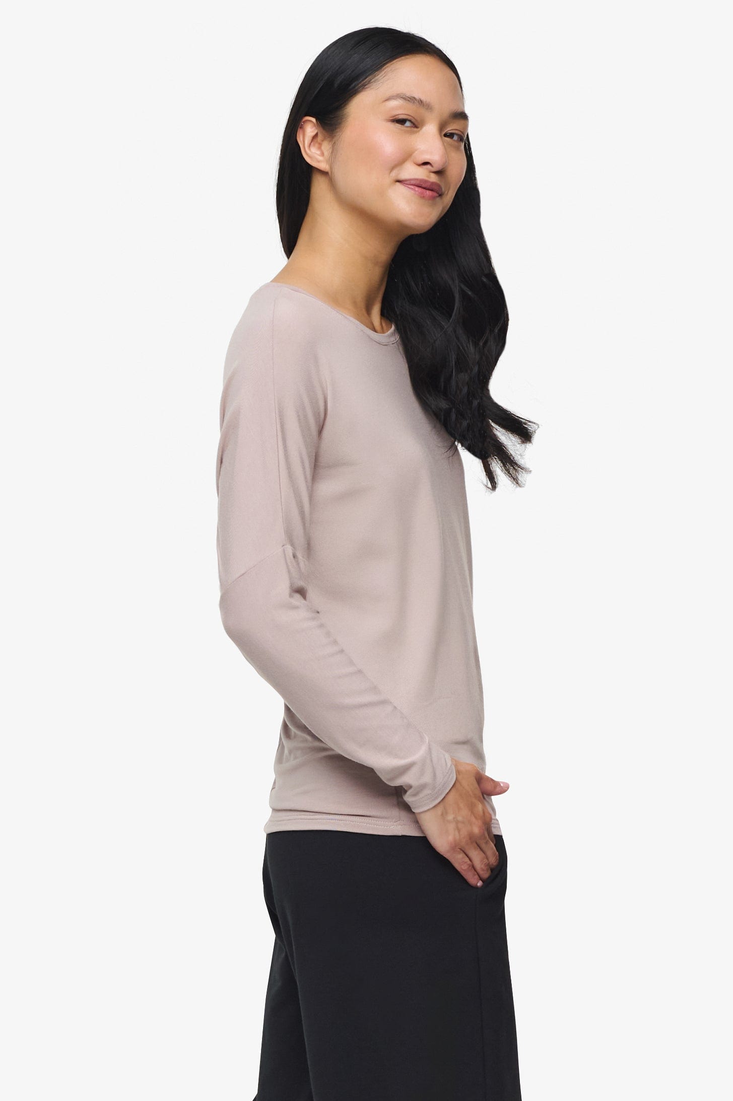 Dolman Longsleeve - Woman dolman sleeve long sleeve top in beige side | Daub & Design