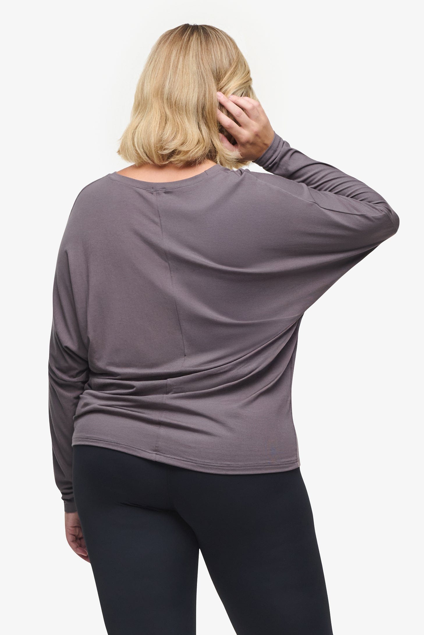 Dolman Longsleeve - Woman dolman sleeve long sleeve top in warm grey back | Daub & Design