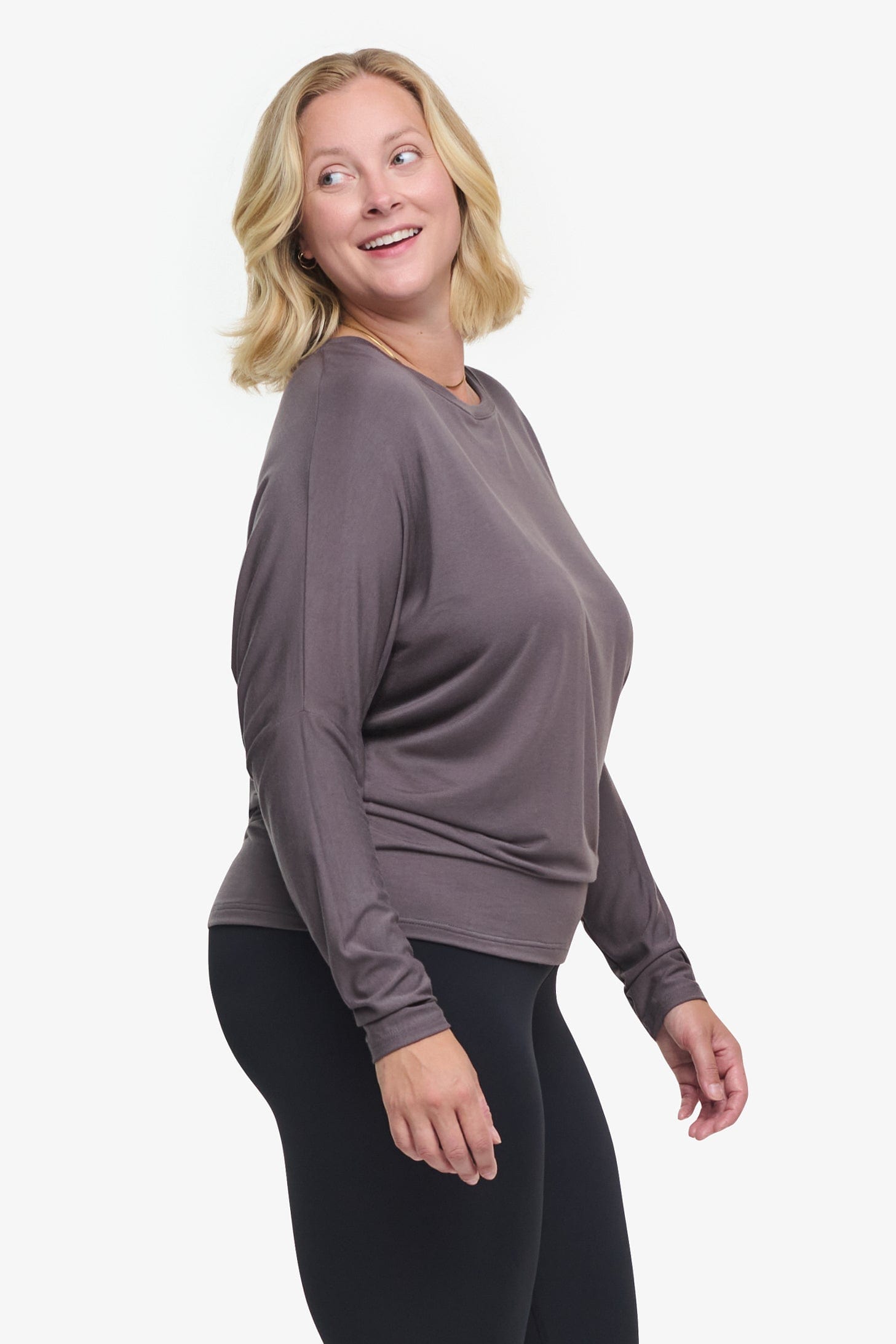 Dolman Longsleeve - Woman dolman sleeve long sleeve top in warm grey side | Daub & Design