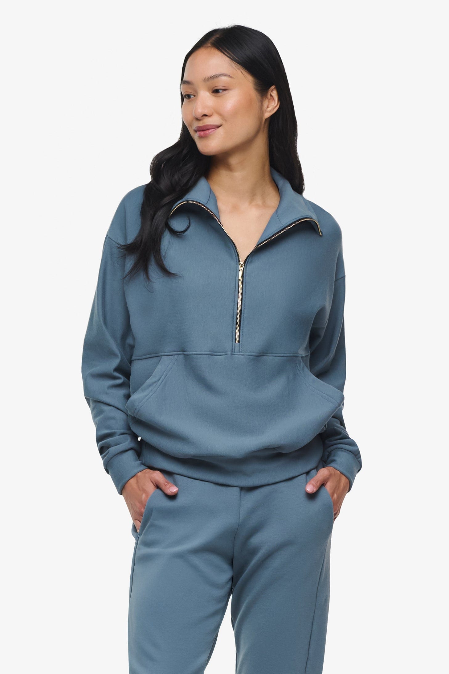 Freedom Half Zip Sweatshirt - Woman half zip sweatshirt with kangaroo pocket in slate blue front | Daub & Design