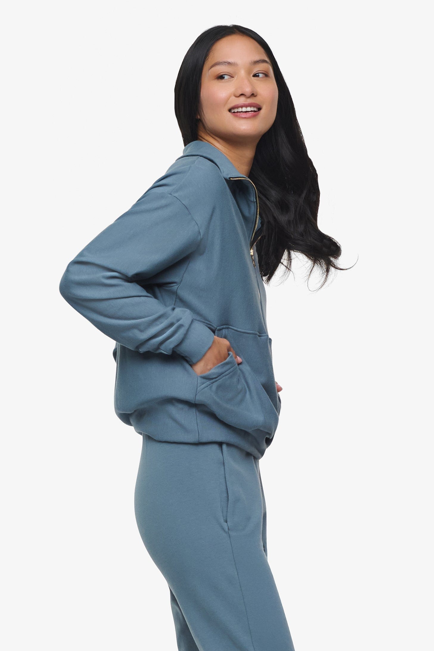 Freedom Half Zip Sweatshirt - Woman half zip sweatshirt with kangaroo pocket in slate blue side | Daub & Design