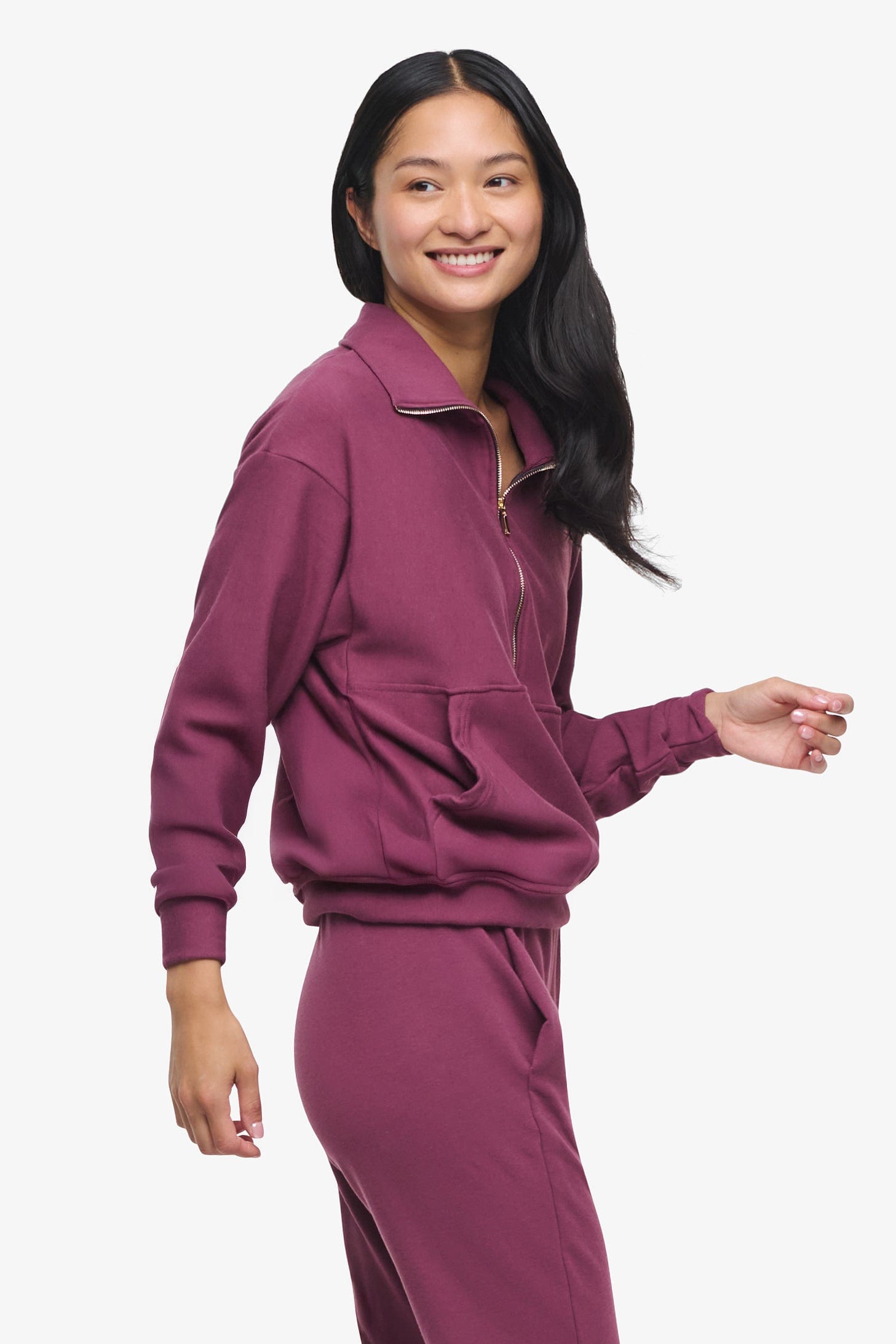 Freedom Half Zip Sweatshirt - Woman half zip sweatshirt with kangaroo pocket in deep cool pink side | Daub & Design