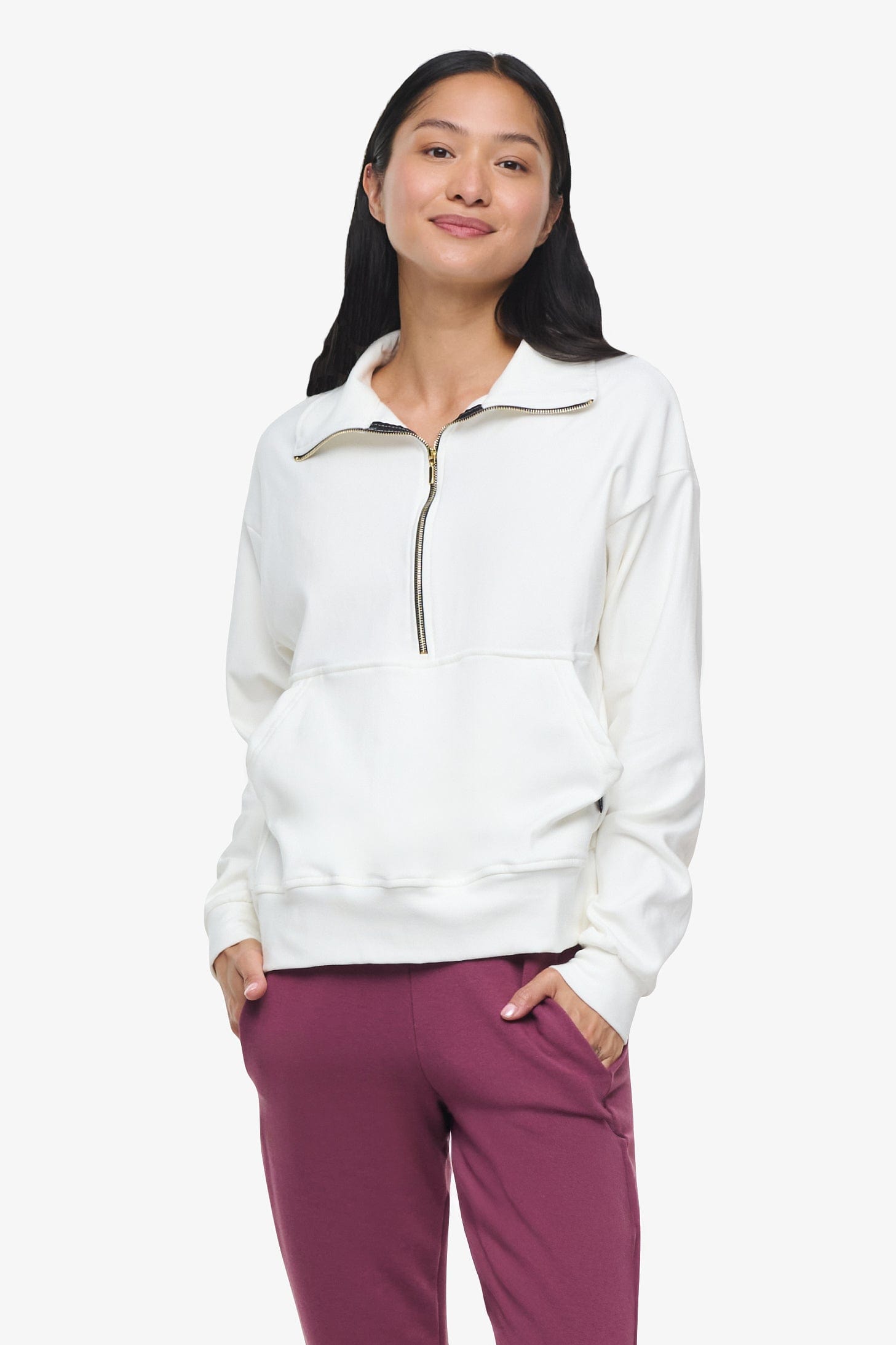 Freedom Half Zip Sweatshirt - Woman half zip sweatshirt with kangaroo pocket in ivory front | Daub & Design