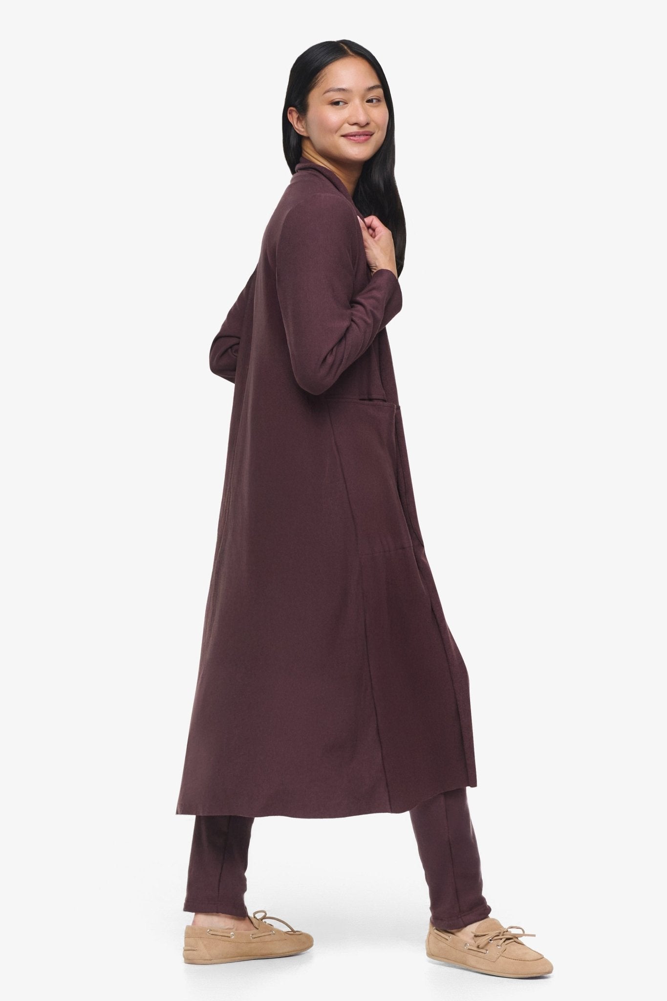 Knox Jacket - Woman Fleece Long Jacket with pockets in Brown | Daub & Design