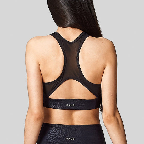Back view of a racerback sports bra with mesh back.