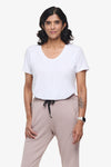 Avery Tee – Women’s Basic T-Shirt in white front tucked in | Daub + Design