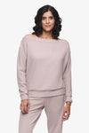 Boatneck Sweatshirt - Woman off shoulder sweatshirt in beige front | Daub & Design