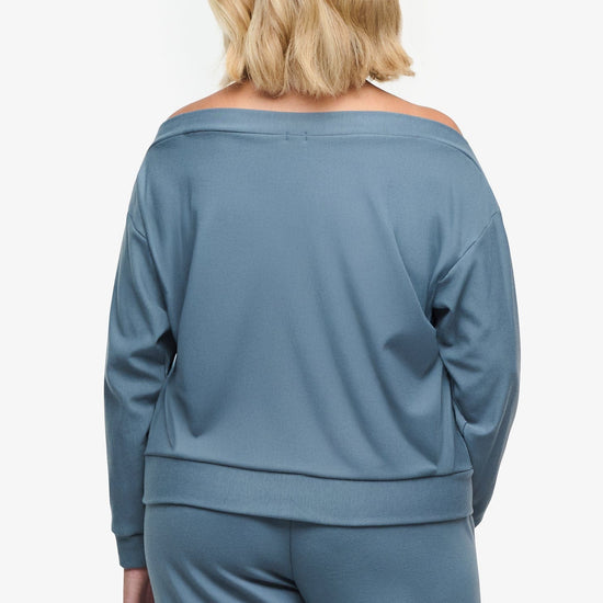 Boatneck Sweatshirt - Woman off shoulder sweatshirt in slate blue back | Daub & Design