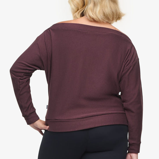 Boatneck Sweatshirt - Woman off shoulder sweatshirt in brown back | Daub & Design