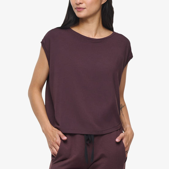 Box Tee - Woman boxy sleeveless tee in brown front | Daub & Design