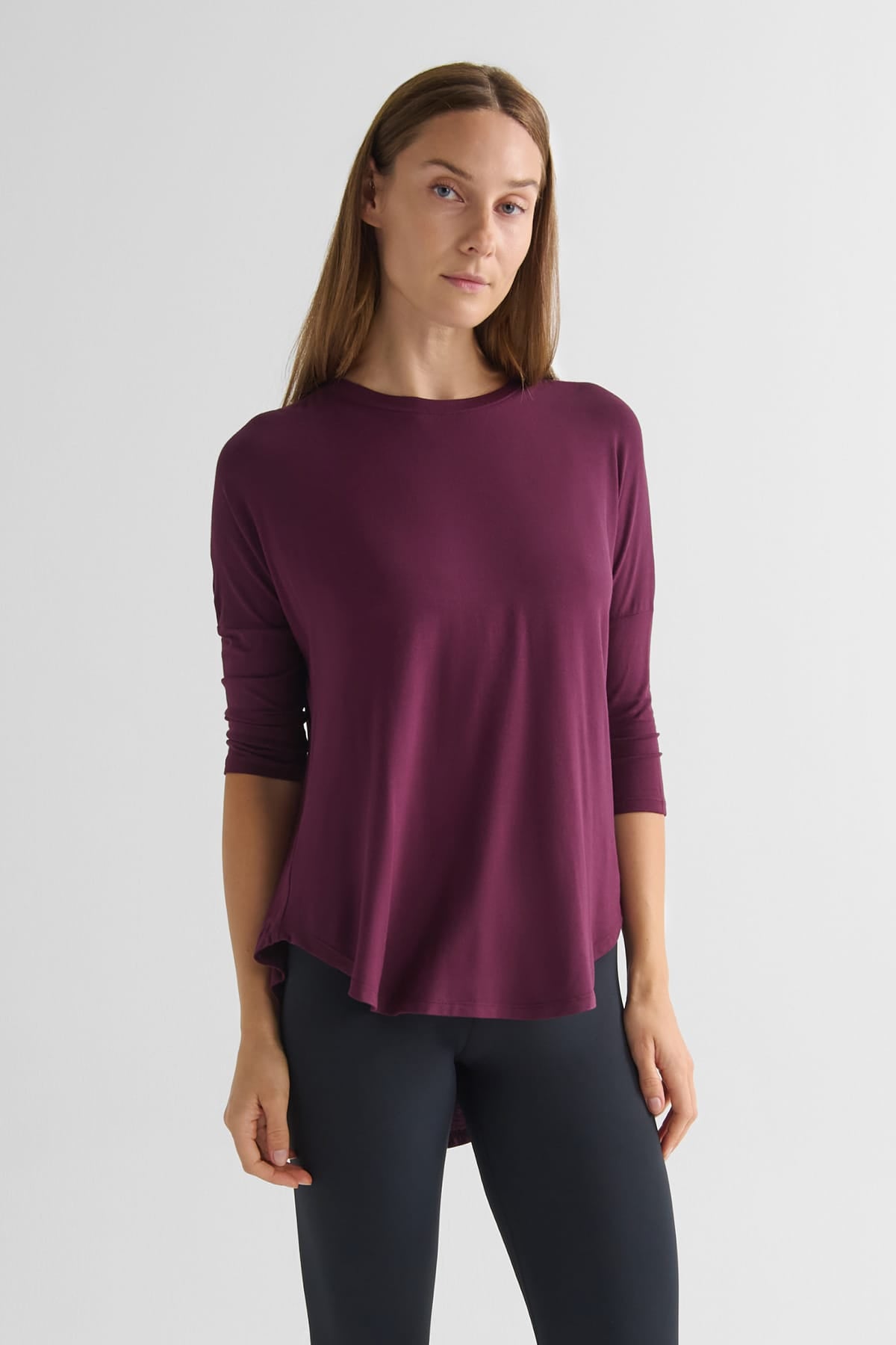 Ainsley Tee in Syrah - Women's Basic 3/4 Sleeves T-Shirt in Burgundy | DAUB