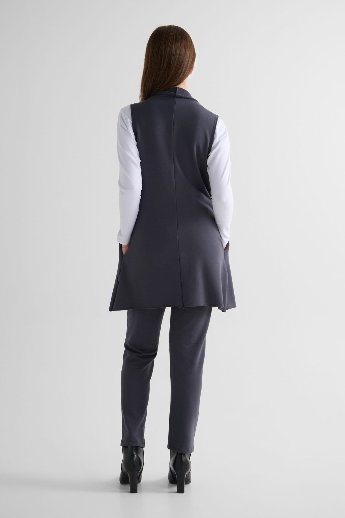 Hatley Vest in Ash with Avery Longsleeve in White and Wren Pant in Ash - Lightweight Women’s Fleece Vest in Ash Grey, Women's Long Sleeve Top in White and Women's Wide Leg Pant in Ash Grey | DAUB