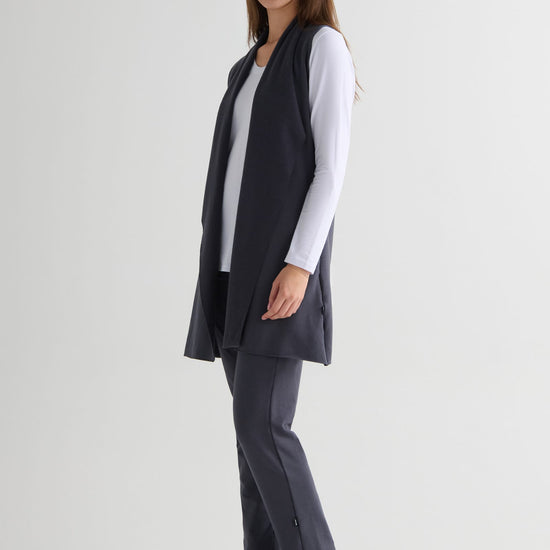 Wren Pant in Ash with Avery Longsleeve in White and Hatley Vest in Ash - Women's Fleece Straight Leg Pant in Ash Grey, Women's Long Sleeve Top in White and Lightweight Women's Fleece Vest in Ash Grey | DAUB
