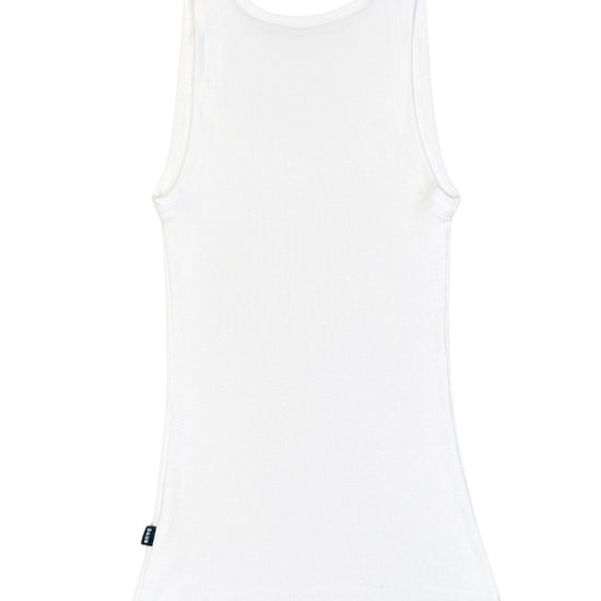 A basic white tank top. Ribbed bamboo cotton fabric. Back view