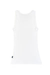 A basic white tank top. Ribbed bamboo cotton fabric. Back view