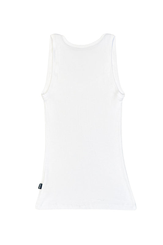 A basic white tank top. Ribbed bamboo cotton fabric. Back view