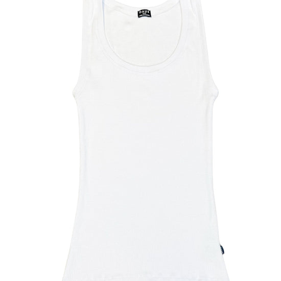 A basic white tank top. Ribbed bamboo cotton fabric. Front view