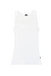 A basic white tank top. Ribbed bamboo cotton fabric. Front view