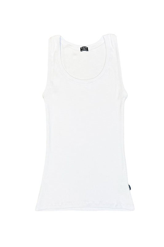 A basic white tank top. Ribbed bamboo cotton fabric. Front view