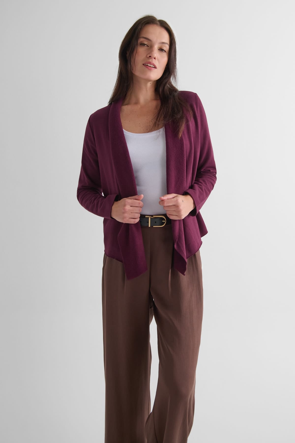 Sloane Jacket in Syrah with Winslow Trouser in Espresso and Basic Tank in White - Lightweight Women’s Fleece Jacket in Burgundy, Women's Tailored Trouser in Espresso Brown and Women's Basic Tank Top in White | DAUB