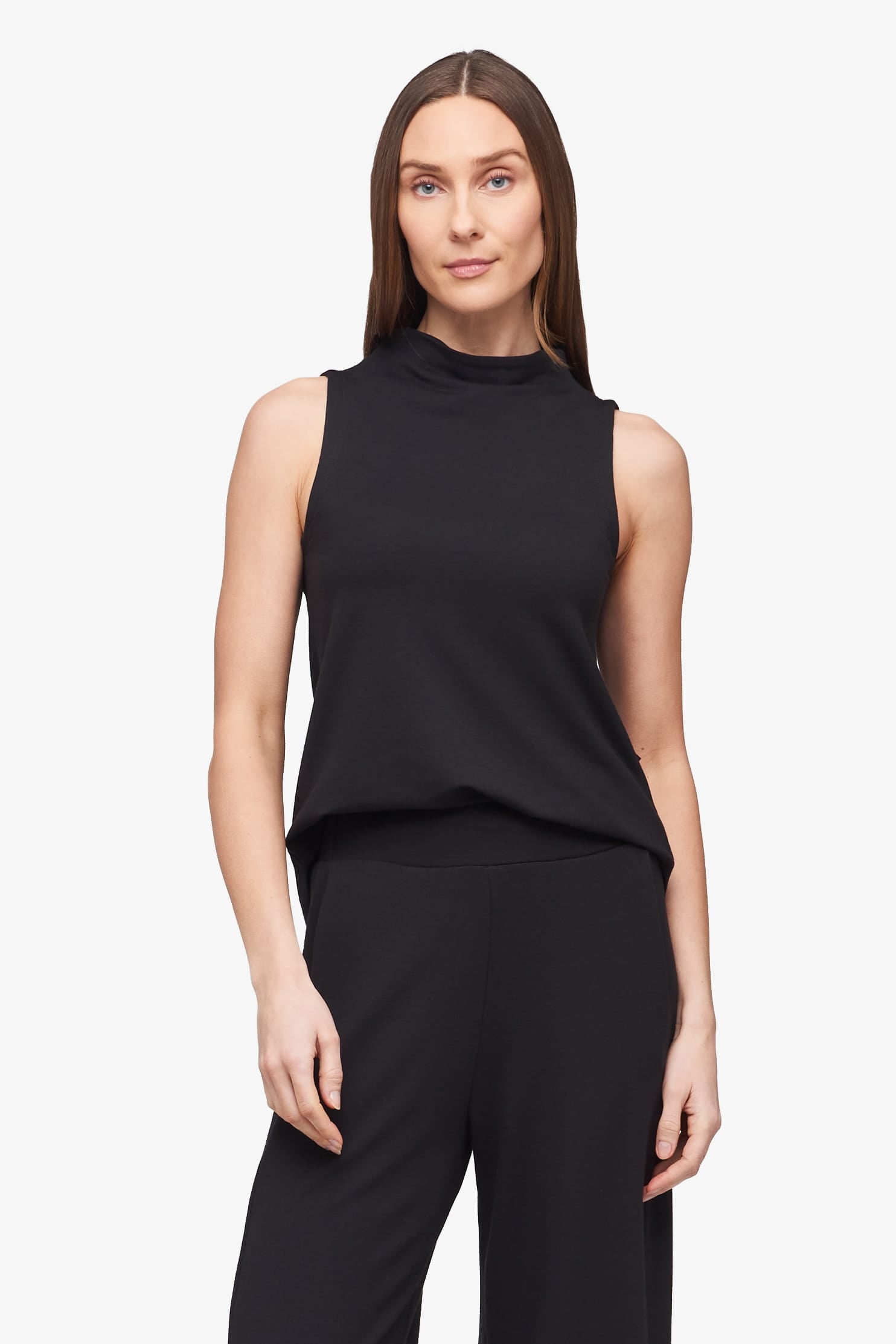 Briar Sleeveless Top  - Women's Basic tank top with mock neck in black - front tucked | Daub + Design