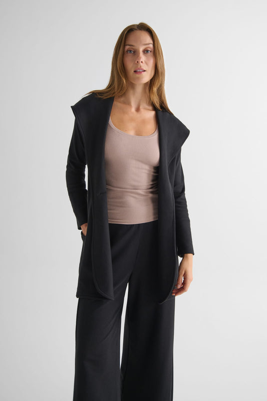 Cocoon Jacket in Black with Basic Tank in Etherea - Women's Hooded Fleece Jacket in Black and Women's Basic Tank Top in Beige | DAUB