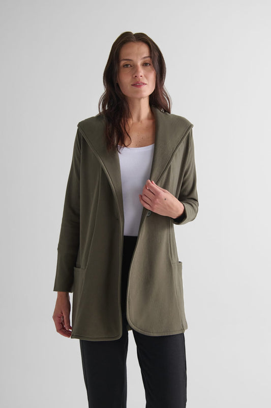 Cocoon Jacket in Spruce with Basic Tank in White - Women's Hooded Fleece Jacket in Spruce Green and Women's Basic Tank Top in White | DAUB