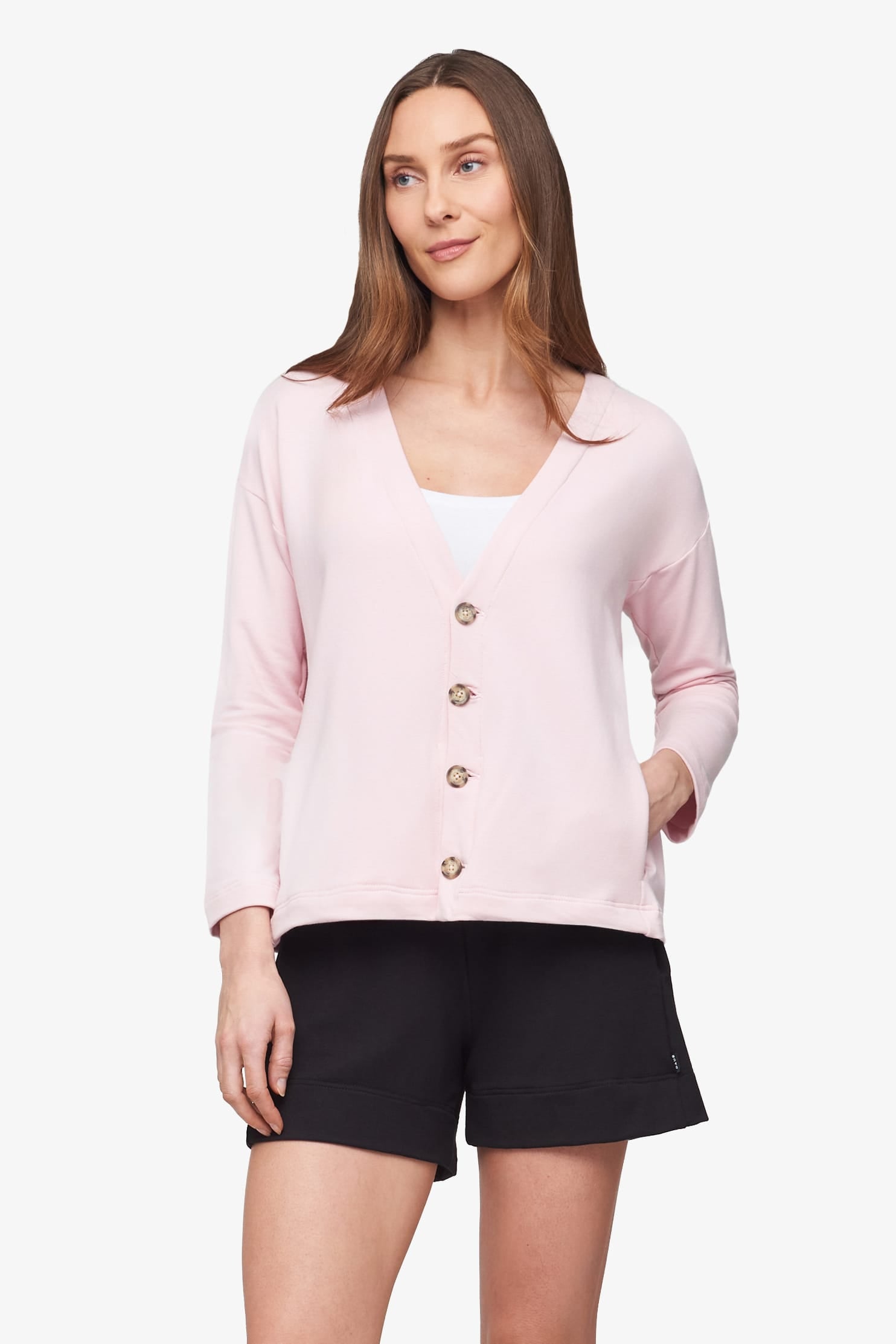 Cove Cardigan  - Women's Basic 4 buttons cardigan in Rose Quartz pink | Daub + Design