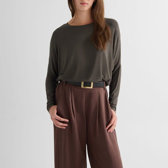 Dolman Longsleeve in Spruce and Winslow Trouser in Espresso - Women's Long Sleeve Top in Spruce Green and Women's Tailored Trouser in Espresso Brown | DAUB