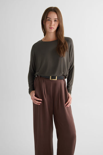 Dolman Longsleeve in Spruce and Winslow Trouser in Espresso - Women's Long Sleeve Top in Spruce Green and Women's Tailored Trouser in Espresso Brown | DAUB