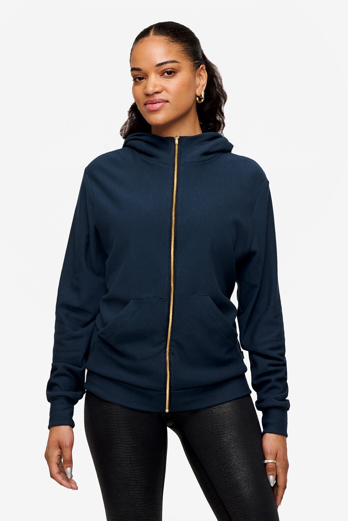 woman wearing full zip hoodie in blue 