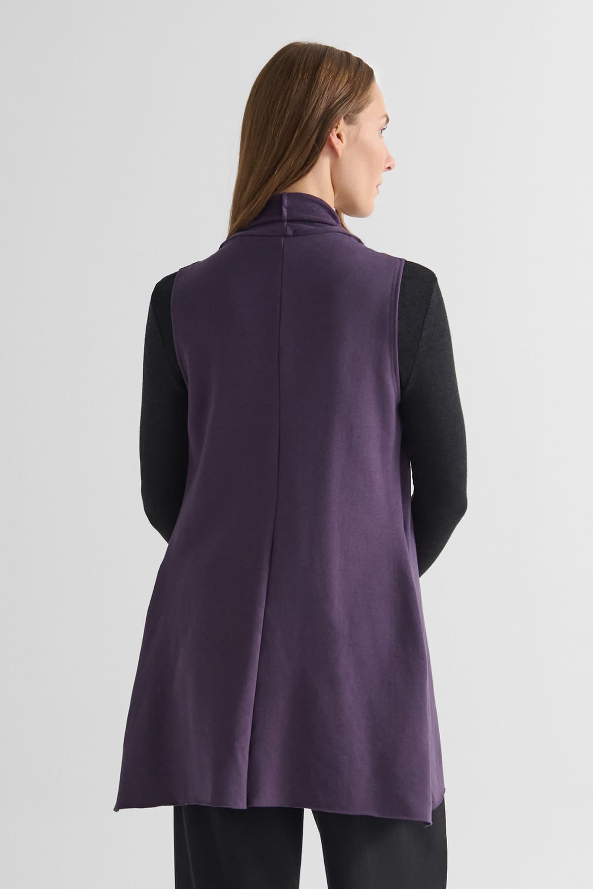 Hatley Vest in Aubergine with Monroe Mockneck Sweater in Iron - Lightweight Women’s Fleece Vest in Aubergine Purple and Women's Long Sleeve Sweater in Iron Grey | DAUB