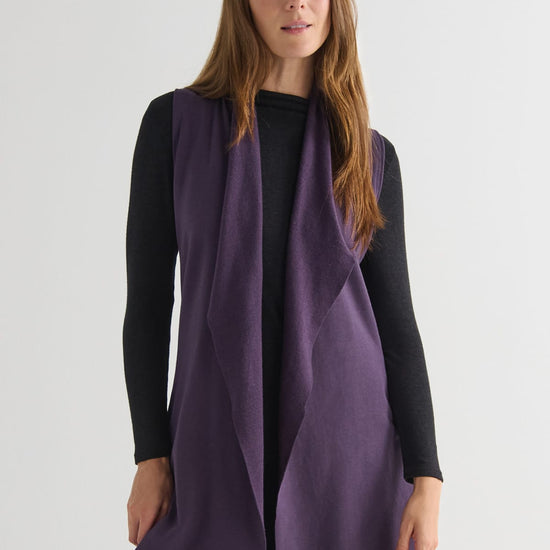Hatley Vest in Aubergine with Monroe Mockneck Sweater in Iron - Lightweight Women’s Fleece Vest in Aubergine Purple and Women's Long Sleeve Sweater in Iron Grey | DAUB