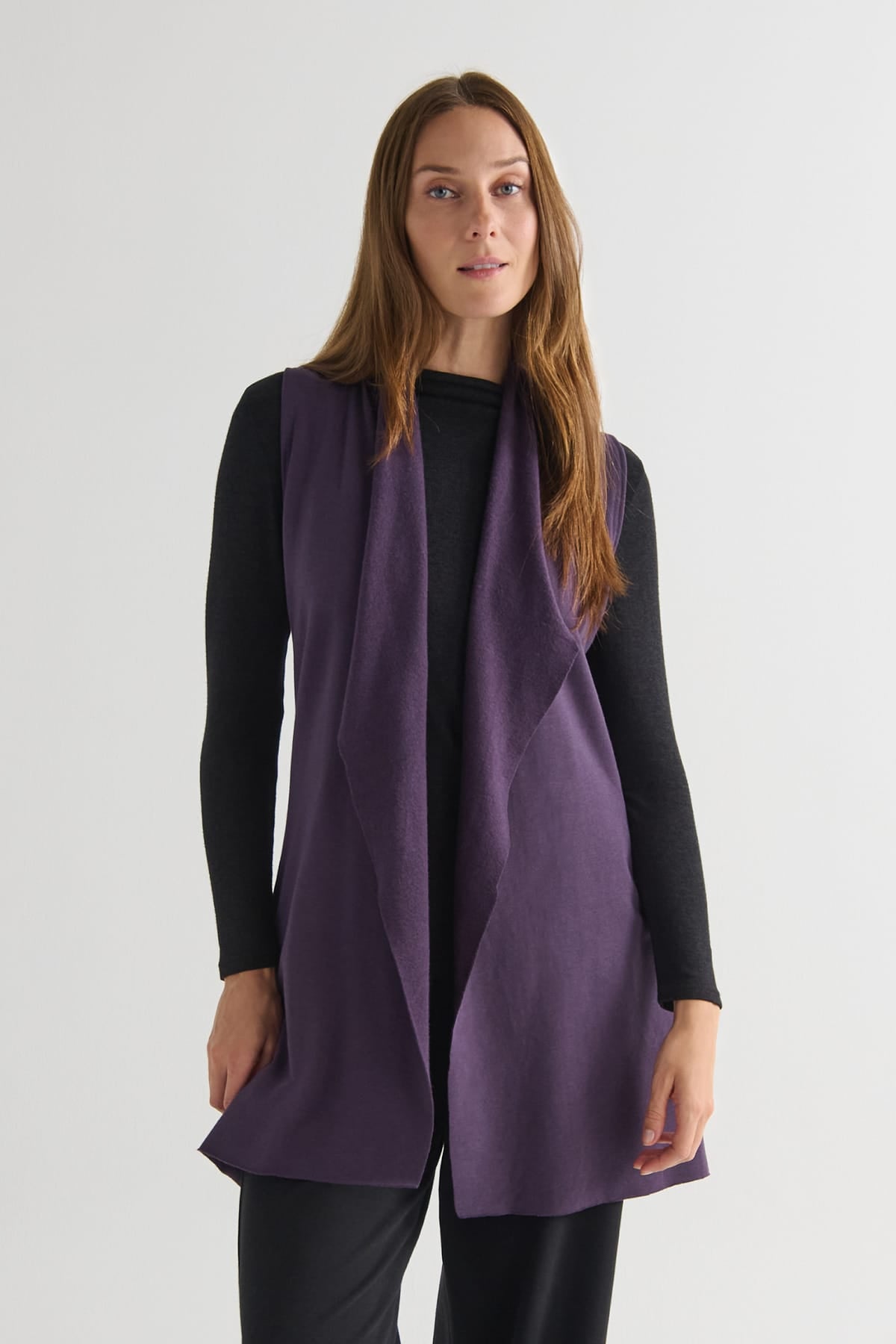Hatley Vest in Aubergine with Monroe Mockneck Sweater in Iron - Lightweight Women’s Fleece Vest in Aubergine Purple and Women's Long Sleeve Sweater in Iron Grey | DAUB