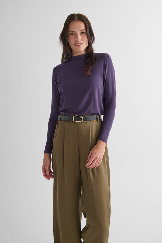 Jensen Longsleeve in Aubergine with Winslow Trouser in Olive - Women's Long Sleeve Shirt in Aubergine Purple and Women's Tailored Trouser in Olive Green | DAUB