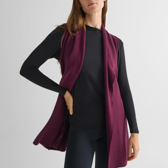 Hatley Vest in Syrah with Jensen Longsleeve in Black - Lightweight Women’s Fleece Vest in Burgundy and Women's Basic Long Sleeve Top in Black | DAUB