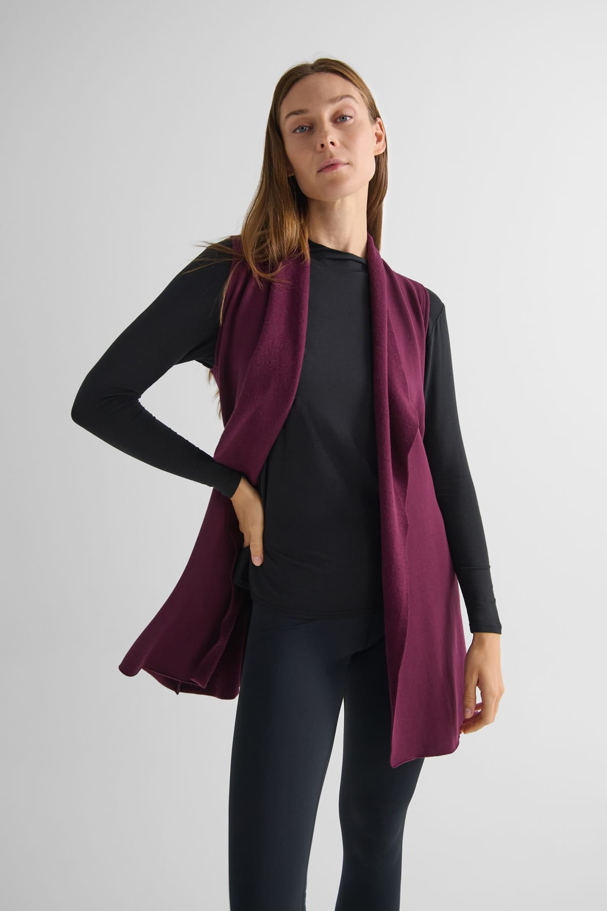 Hatley Vest in Syrah with Jensen Longsleeve in Black - Lightweight Women’s Fleece Vest in Burgundy and Women's Basic Long Sleeve Top in Black | DAUB