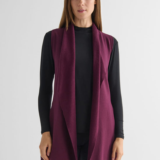 Hatley Vest in Syrah with Jensen Longsleeve in Black - Lightweight Women’s Fleece Vest in Burgundy and Women's Basic Long Sleeve Top in Black | DAUB