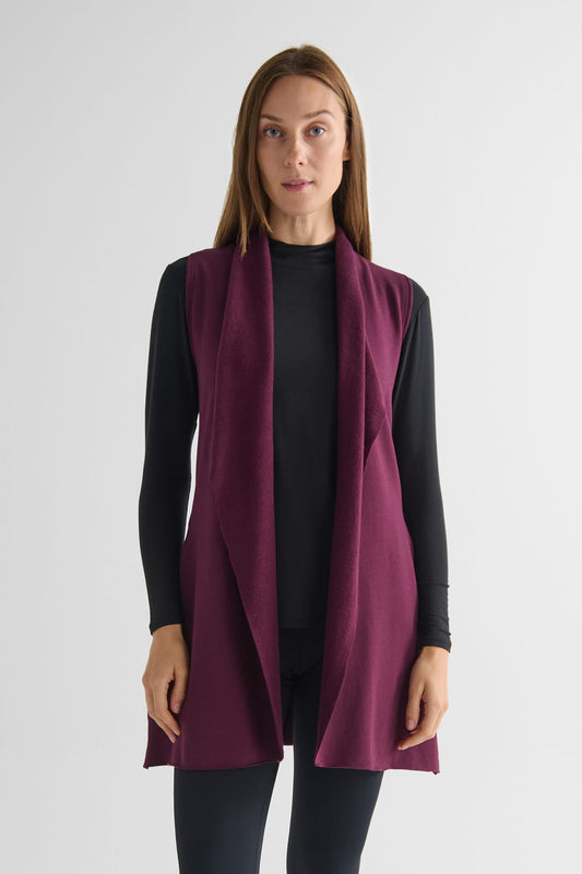 Hatley Vest in Syrah with Jensen Longsleeve in Black - Lightweight Women’s Fleece Vest in Burgundy and Women's Basic Long Sleeve Top in Black | DAUB