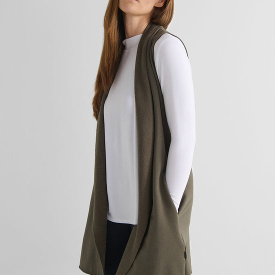 Hatley Vest in Spruce with Jensen Longsleeve in White - Lightweight Women’s Fleece Vest in Spruce Green and Women's Basic Long Sleeve Top in White | DAUB