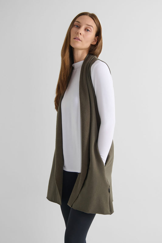 Hatley Vest in Spruce with Jensen Longsleeve in White - Lightweight Women’s Fleece Vest in Spruce Green and Women's Basic Long Sleeve Top in White | DAUB